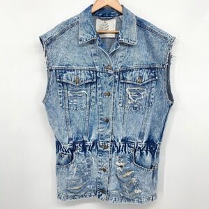 Vintage Y2K Vest Jacket Medium Denim Destroyed Grunge Streetwear Festival Edgy